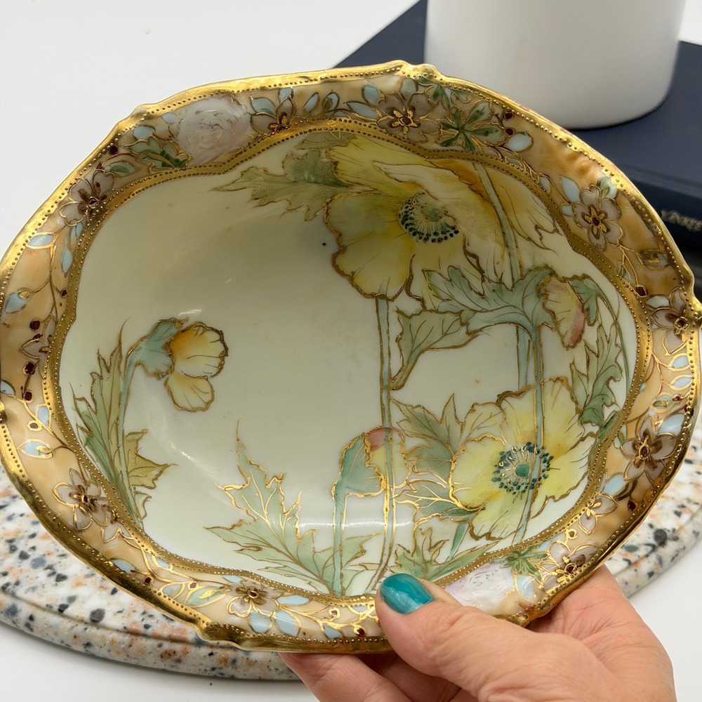 Antique Nippon Morimura Hand Painted Footed Bowl Gold Moriage Poppies Scalloped